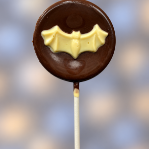 Milk Chocolate Lollipop with spooky white chocolate bat